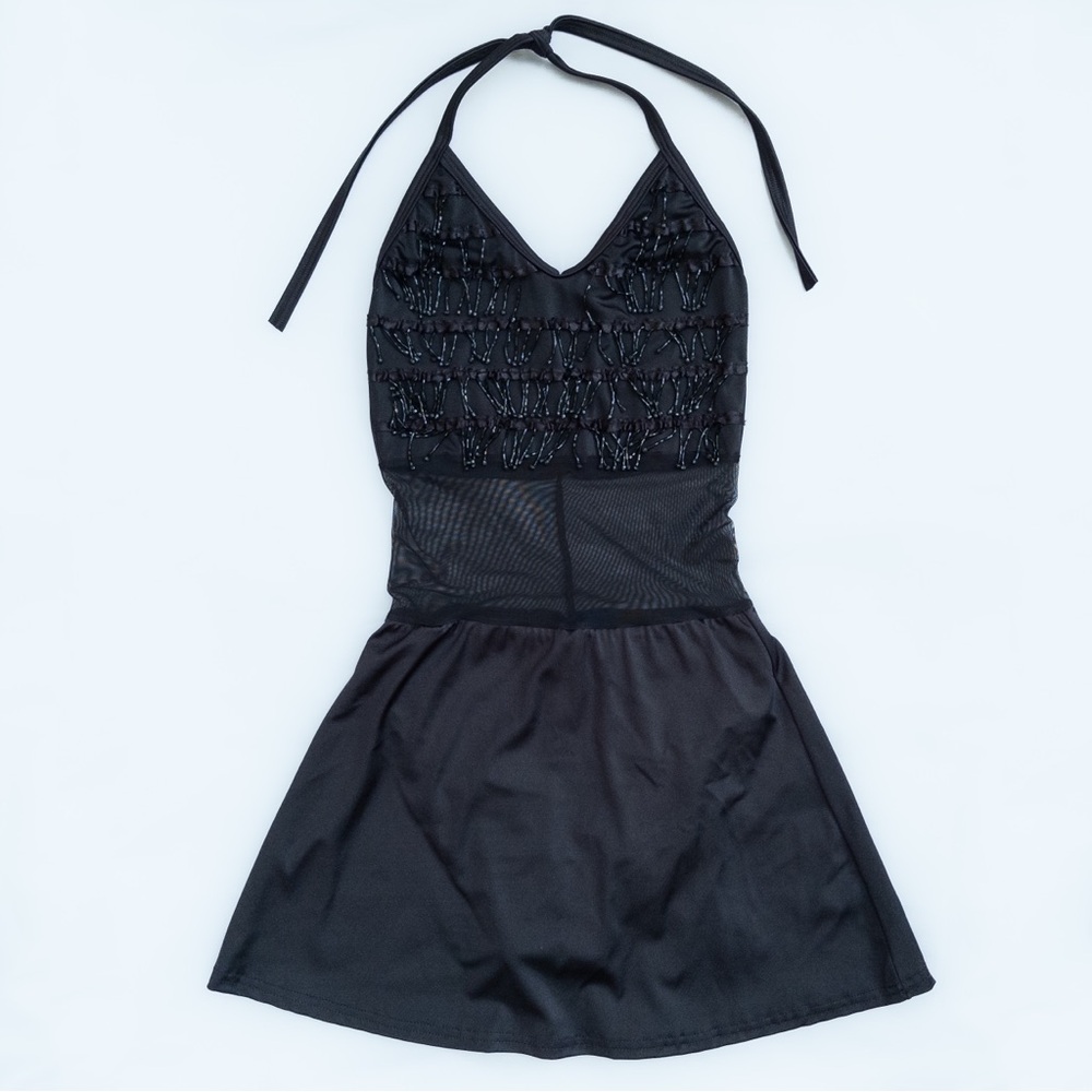 Black Halter Neck Beaded Fringe Spandex Dance Costume Dress